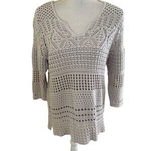 J. Jill Cream Crochet Cotton Knit V-Neck Pullover Sweater M